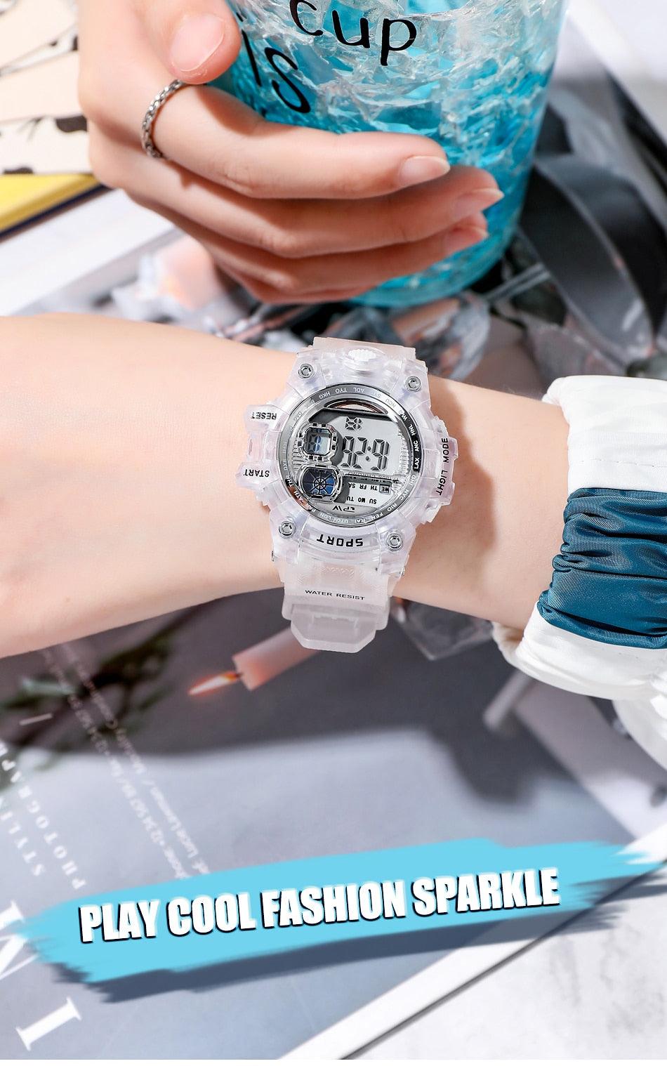 Women's Digital Sport Watch ⌚✨ Transparent Silicone Strap Stopwatch Alarm Dual Time | 5 Colors 🖤❤️🤍