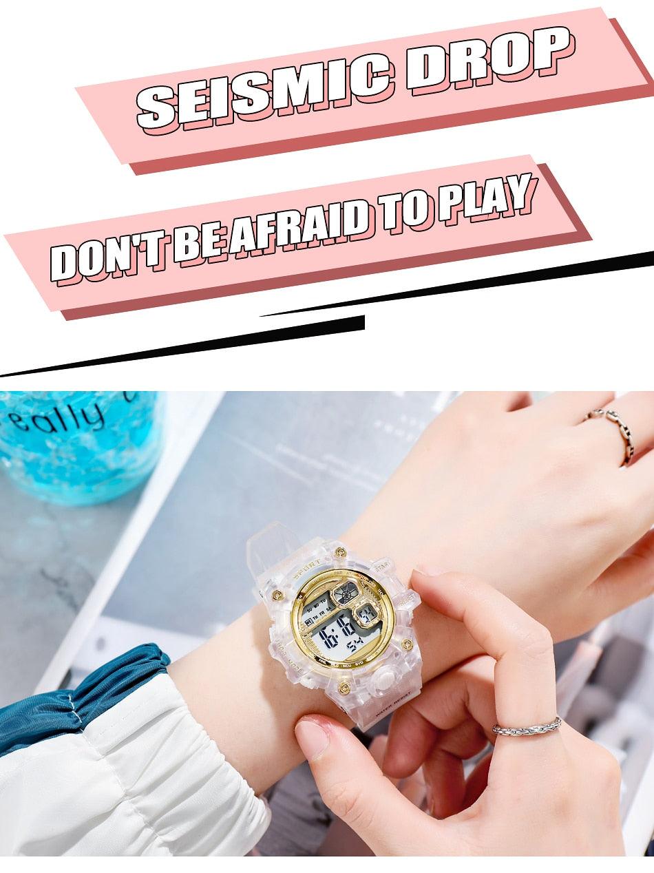 Women's Digital Sport Watch ⌚✨ Transparent Silicone Strap Stopwatch Alarm Dual Time | 5 Colors 🖤❤️🤍