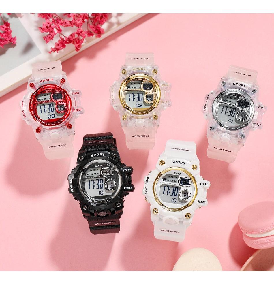 Women's Digital Sport Watch ⌚✨ Transparent Silicone Strap Stopwatch Alarm Dual Time | 5 Colors 🖤❤️🤍