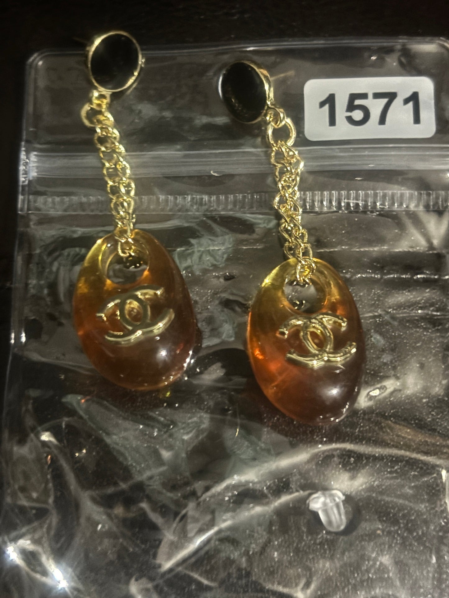 ✨ Amber Resin CC Logo Gold Chain Drop Earrings — Item #1571