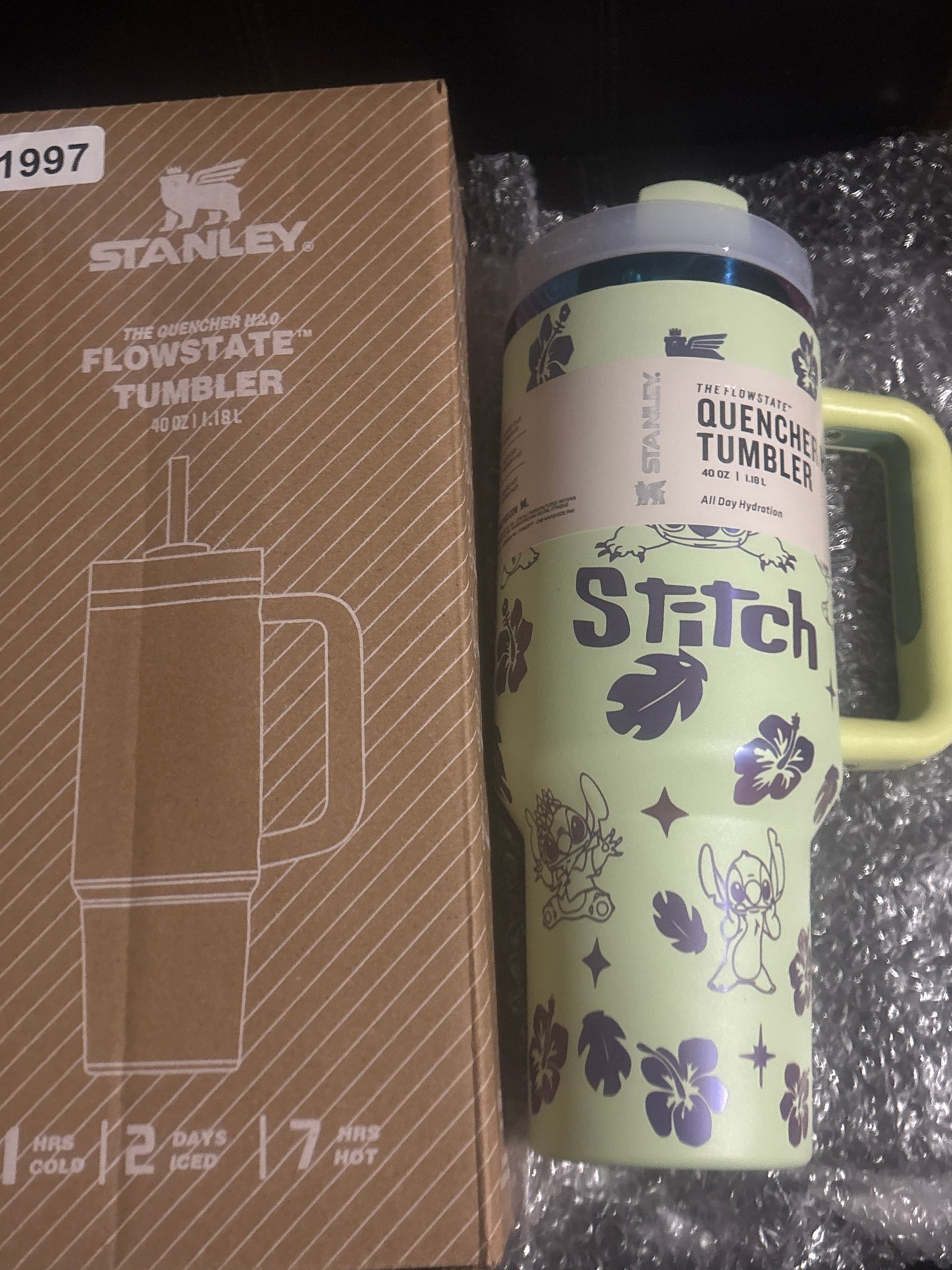 💚✨ Stanley Quencher H2.0 FlowState Tumbler 40oz — Lime Green Stitch Print — Item #1997