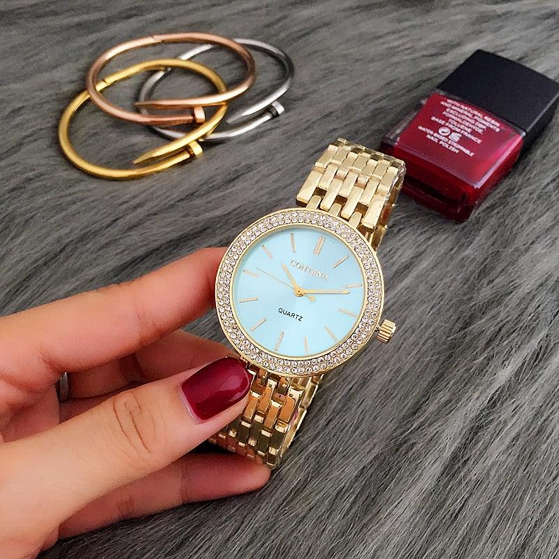 Rhinestone Watch & Bracelet Set ⌚✨ Women's Luxury Stainless Steel | Rose Gold, Silver & Gold 💛💎