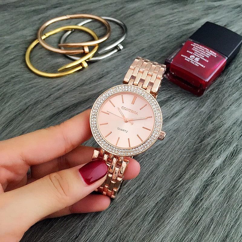 Rhinestone Watch & Bracelet Set ⌚✨ Women's Luxury Stainless Steel | Rose Gold, Silver & Gold 💛💎