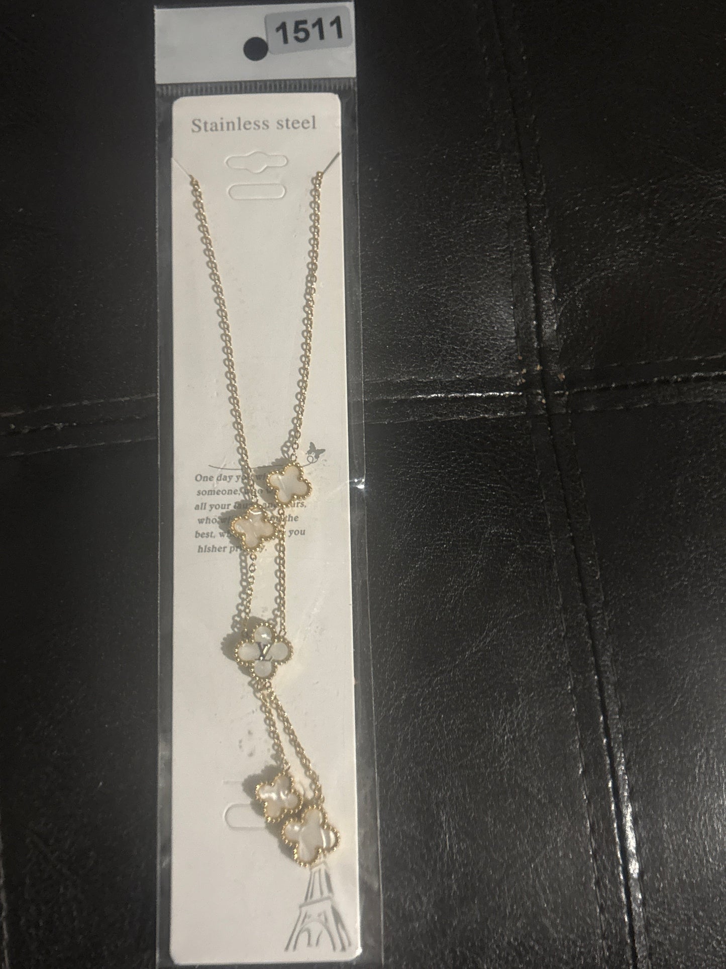 White Mother-of-Pearl Four-Leaf Clover Lariat Necklace 🫖✨ #1511