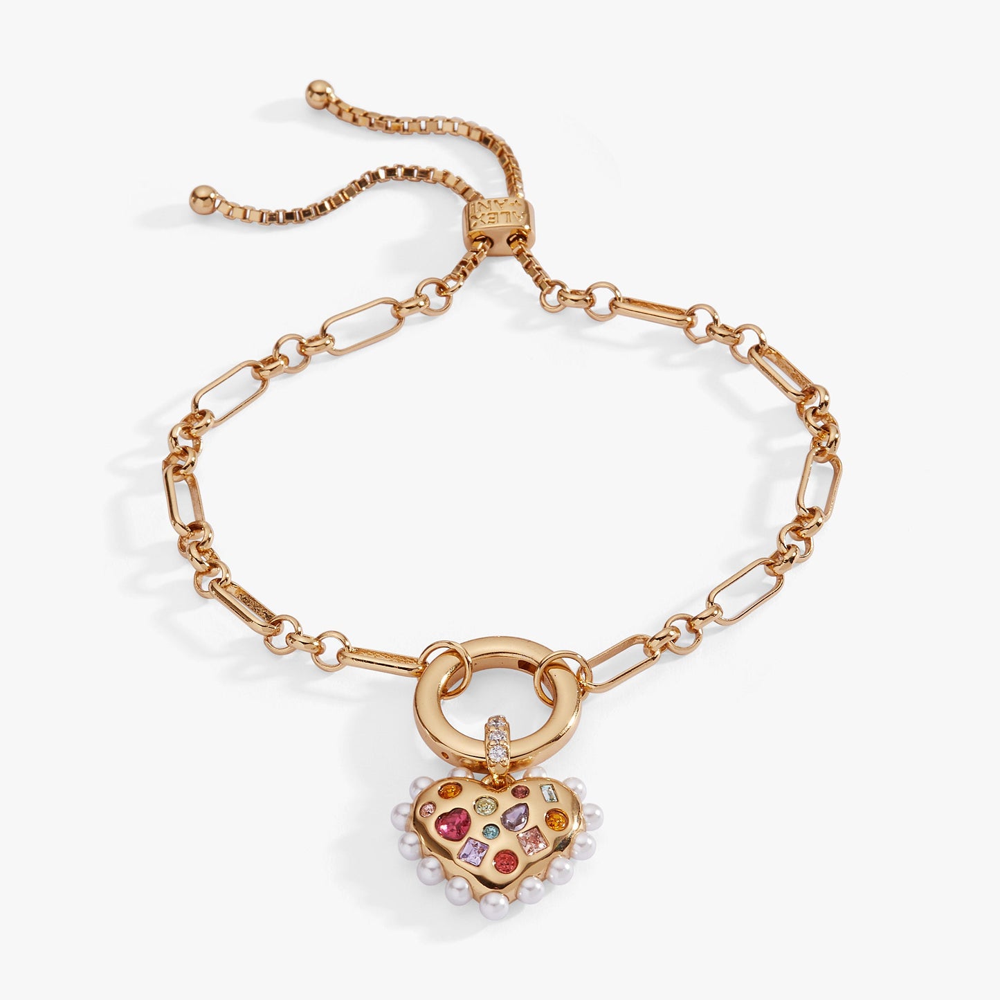 Puffy Heart Gemstone & Pearl Chain Bolo Bracelet ✨🧡💜 Rainbow Stone Heart Adjustable Bracelet | Alex and Ani 💎👑