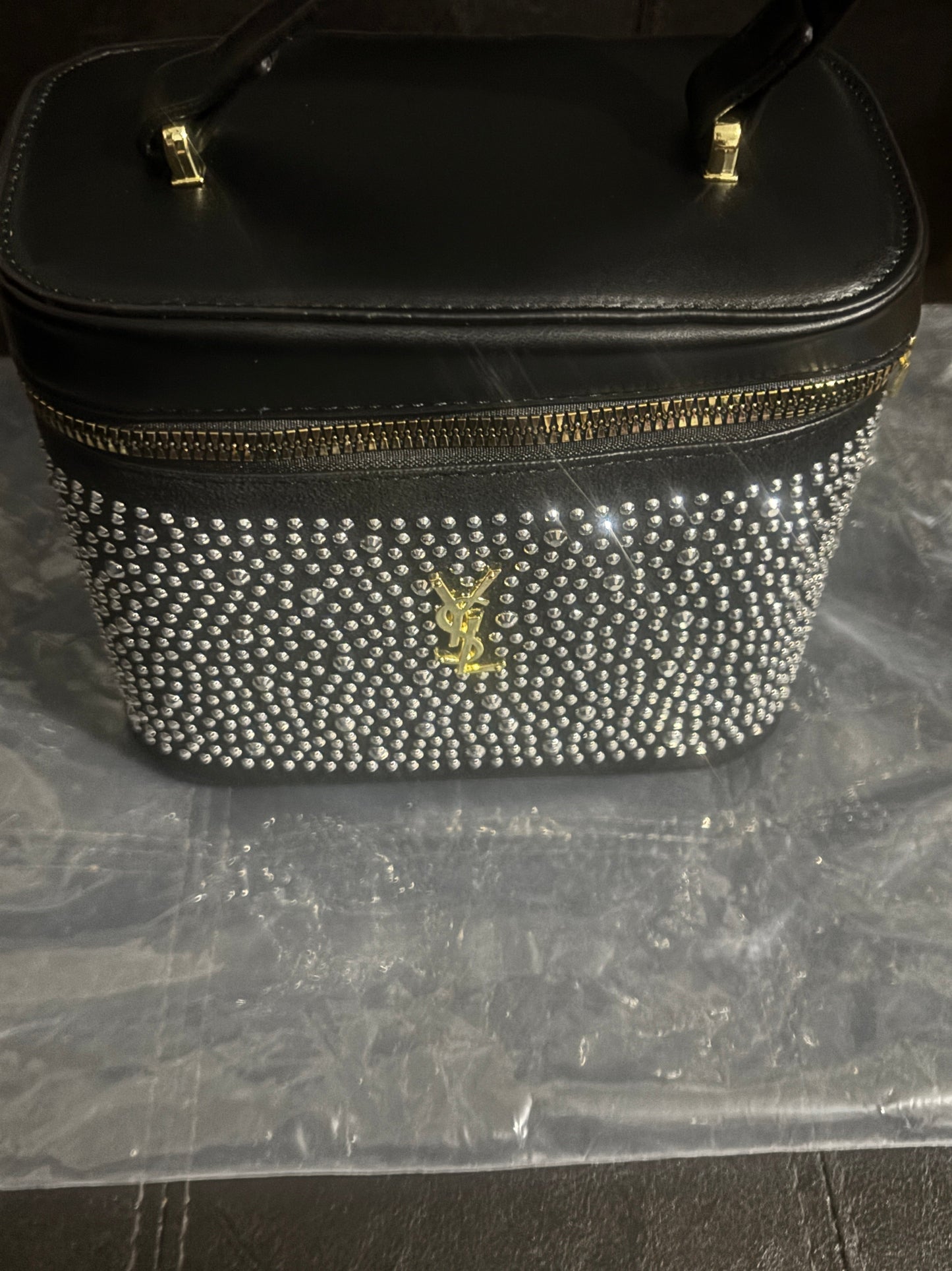 Crystal Rhinestone Vanity Box Bag Gold Logo 💠🖤 #1557