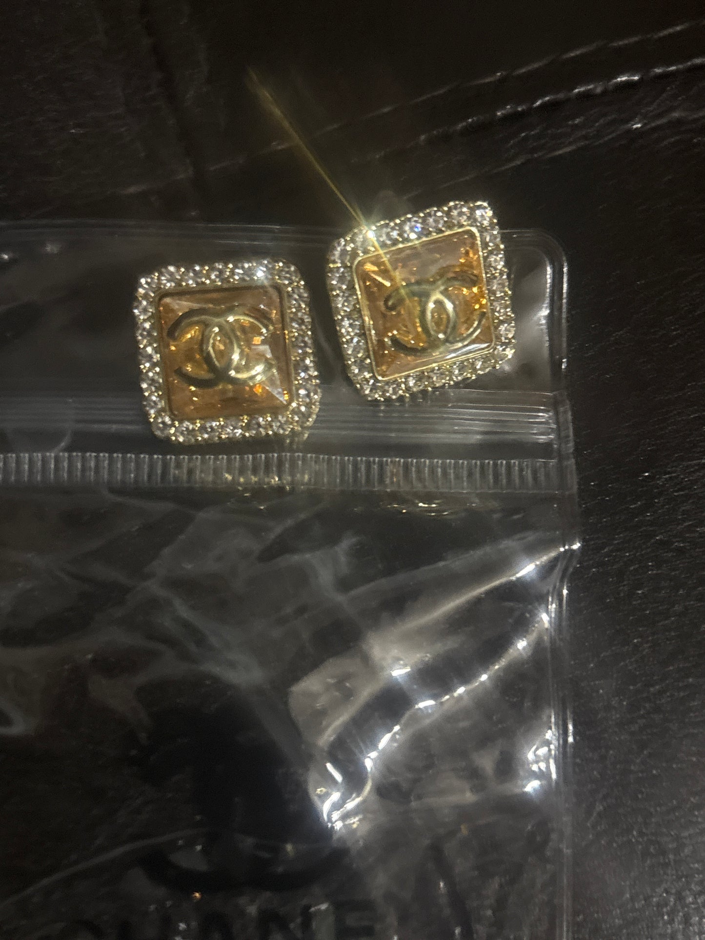 ✨ Clear Crystal CC Logo Square Stud Earrings in Gold — Item #1566
