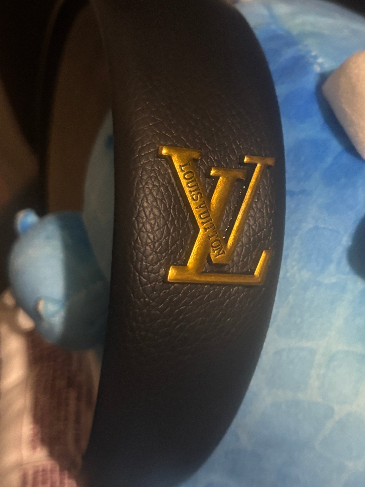 ✨ Black Pebbled Leather Gold Logo Monogram Headband — Item #1850