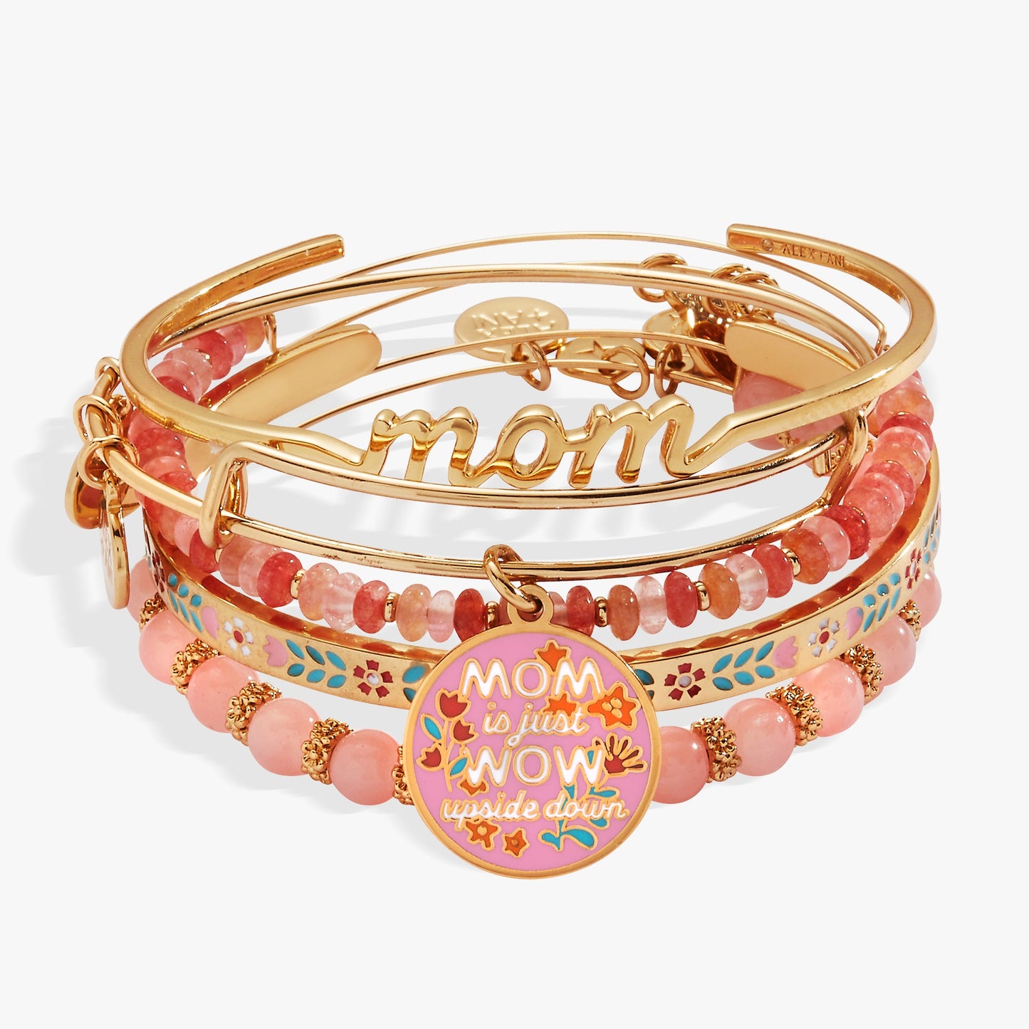 'Mom Is Just Wow Upside Down' Bangle Set of 5 ✨🌸💛 Gold Floral Charm Bracelet Stack | Alex and Ani 💎👑