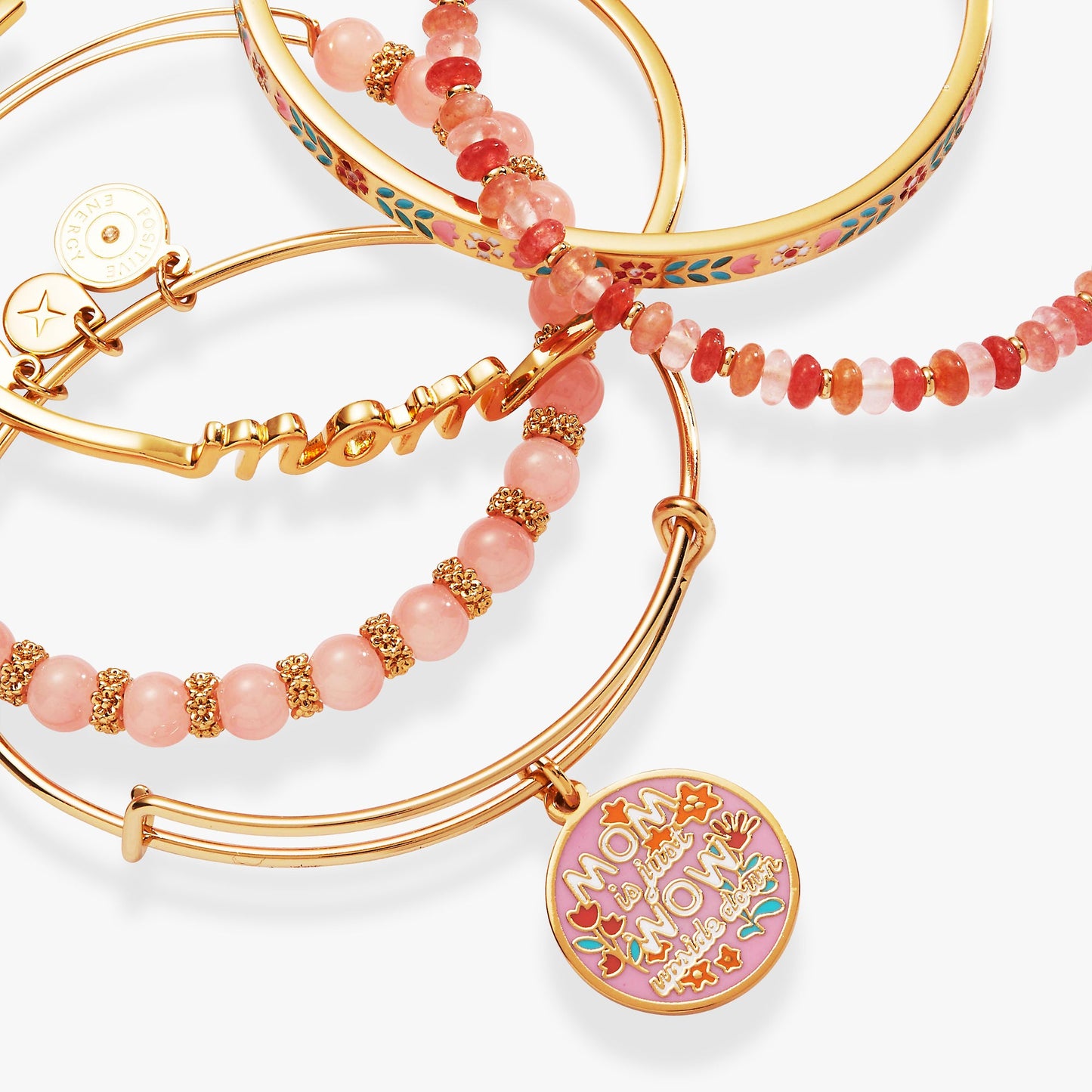 'Mom Is Just Wow Upside Down' Bangle Set of 5 ✨🌸💛 Gold Floral Charm Bracelet Stack | Alex and Ani 💎👑