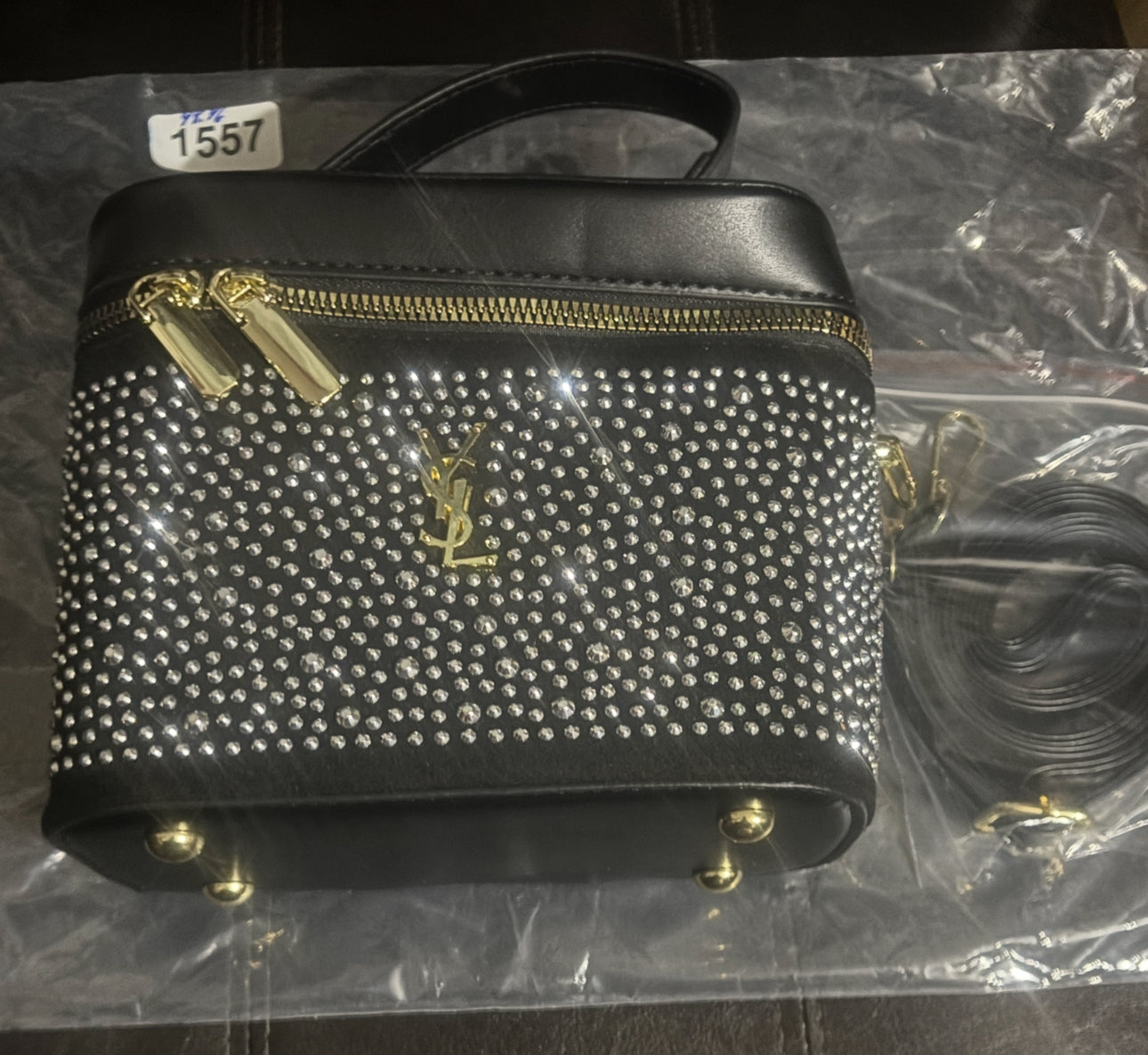 Crystal Rhinestone Vanity Box Bag Gold Logo 💠🖤 #1557