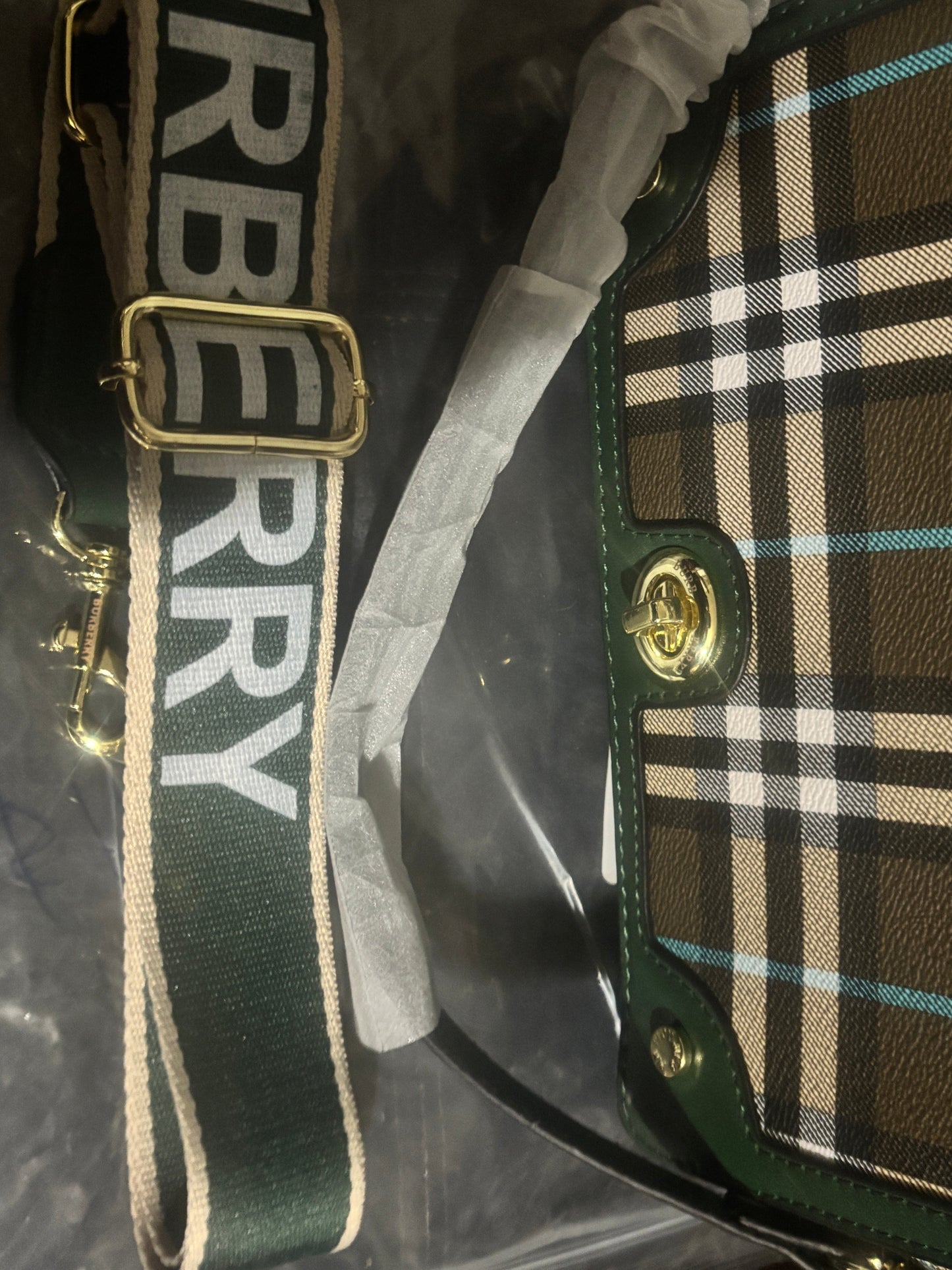 Forest Green Plaid Flap Crossbody Bag Bold Logo Strap 🌿✨ #1533