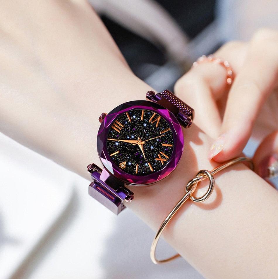 Women's Starry Sky Diamond Quartz Watch ⌚✨ Magnet Buckle Mesh Band | Gold, Purple, Black & Blue 💜💙🖤