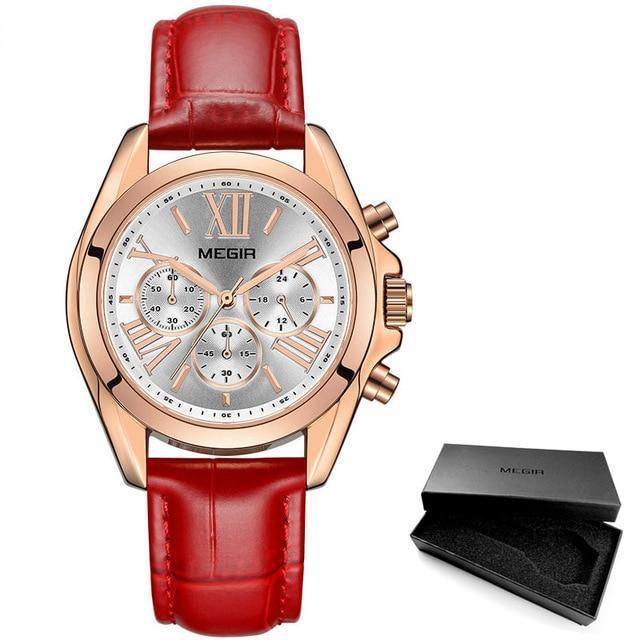 Women's Luxury Sport Chronograph Watch ⌚✨ Quartz Waterproof Leather Strap | White & Red 🤍💛