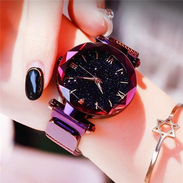 Women's Starry Sky Diamond Quartz Watch ⌚✨ Magnet Buckle Mesh Band | Gold, Purple, Black & Blue 💜💙🖤