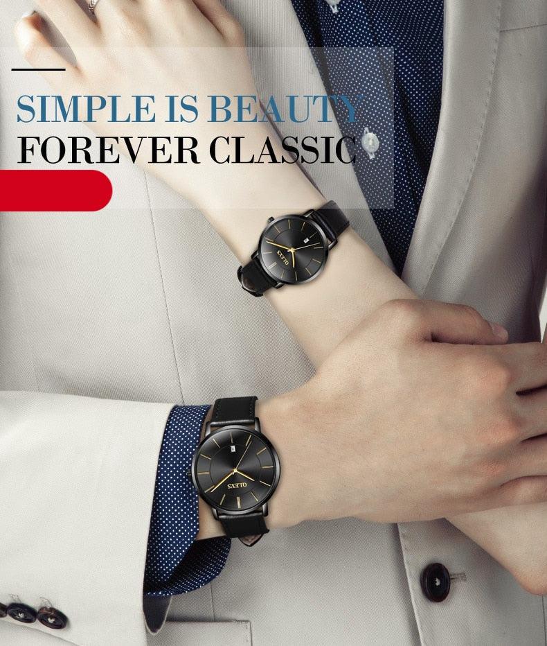 Couples Ultra-Thin Minimalist Watch Set ⌚✨ Quartz Leather Strap Waterproof Calendar | 6 Colors ❤️🖤🤍