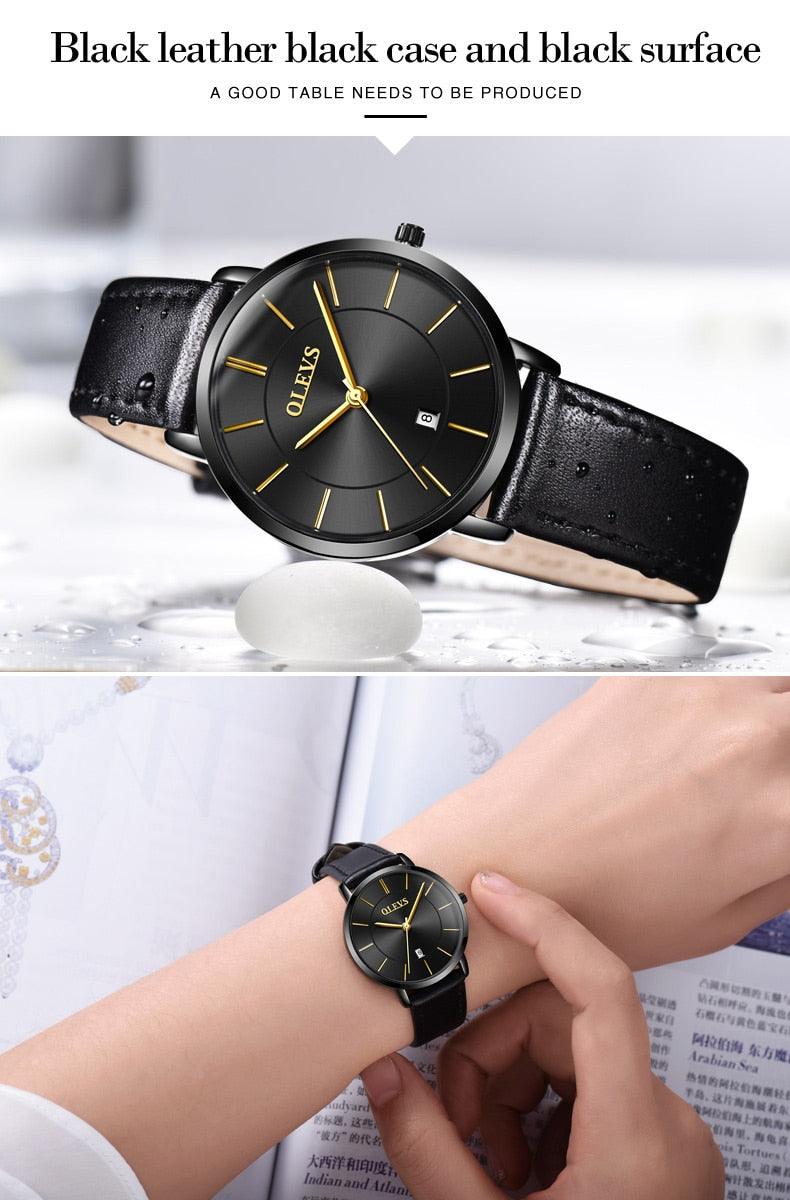 Couples Ultra-Thin Minimalist Watch Set ⌚✨ Quartz Leather Strap Waterproof Calendar | 6 Colors ❤️🖤🤍