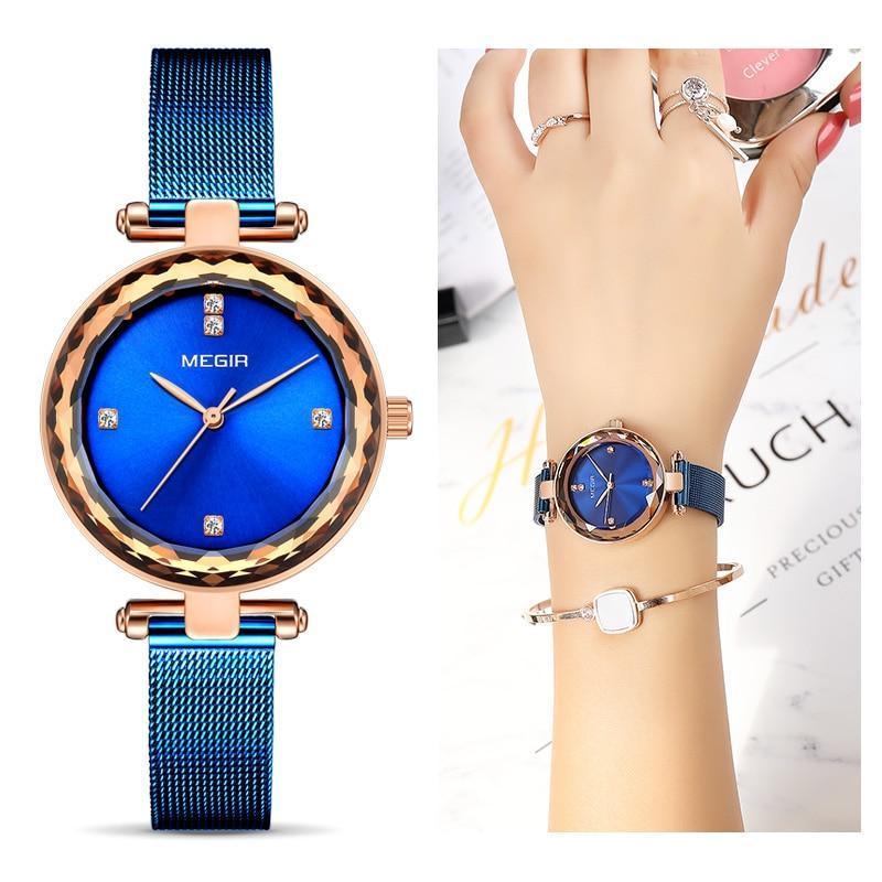 Women's Luxury Rose Gold Starry Dial Watch ⌚✨ Elegant Stainless Steel Quartz | Blue & Gold 💙💛