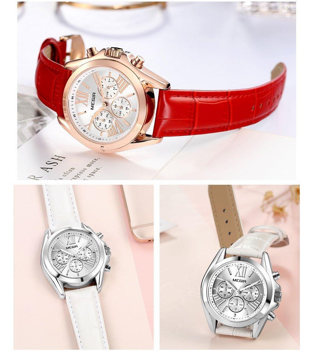 Women's Luxury Sport Chronograph Watch ⌚✨ Quartz Waterproof Leather Strap | White & Red 🤍💛