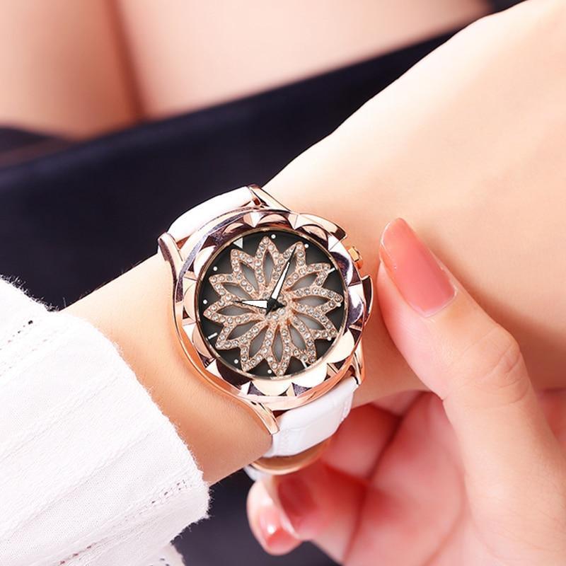Women's Luxury Flower Dial Watch ⌚🌸✨ Analog Quartz Waterproof Leather Strap | Red, White & Black ❤️🤍🖤