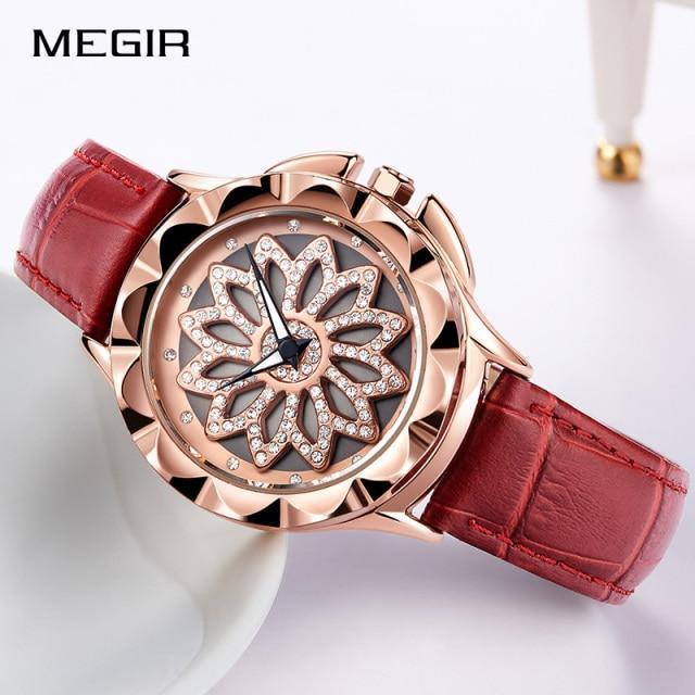 Women's Luxury Flower Dial Watch ⌚🌸✨ Analog Quartz Waterproof Leather Strap | Red, White & Black ❤️🤍🖤