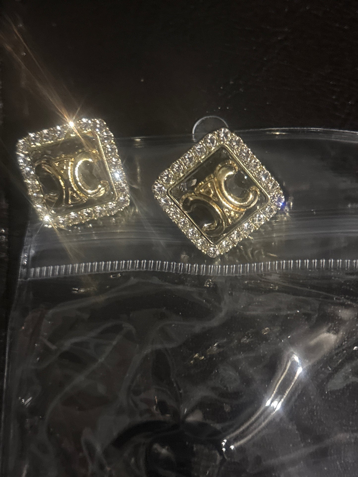✨ Crystal Rhinestone Diamond Shape CC Logo Stud Earrings in Gold — Item #1605