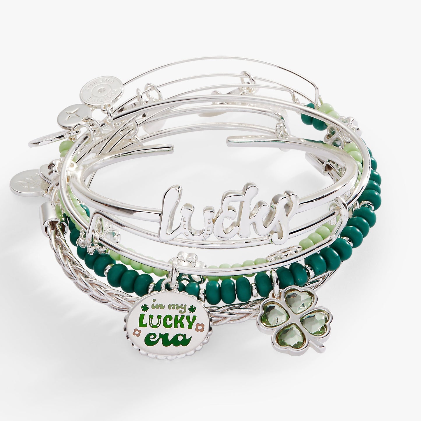 Lucky Four-Leaf Clover Bangle Set of 5 ✨🍀 Silver Charm Bracelet Stack | Alex and Ani 💎👑