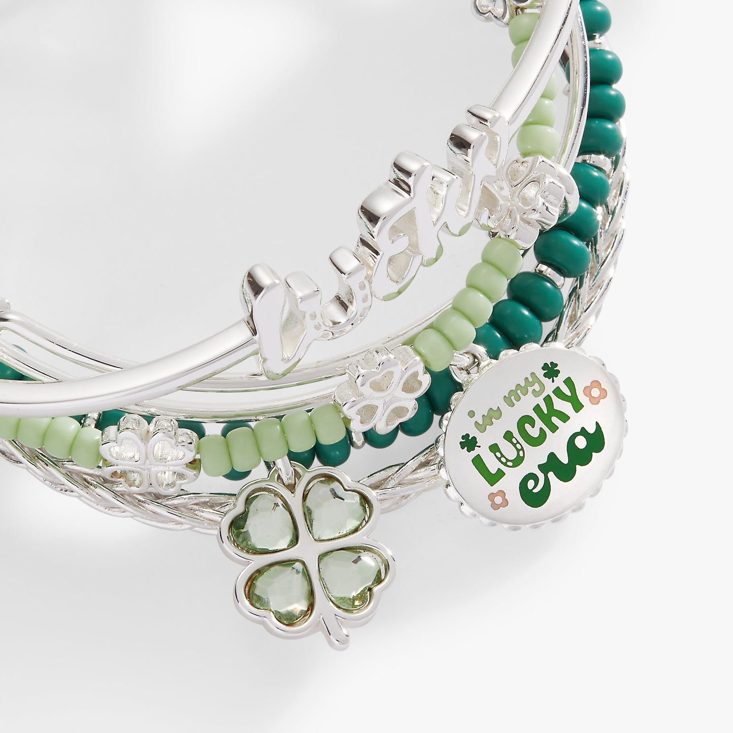 Lucky Four-Leaf Clover Bangle Set of 5 ✨🍀 Silver Charm Bracelet Stack | Alex and Ani 💎👑