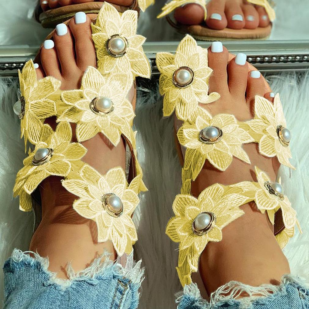 Floral Lace Flat Sandals - Women's Pearl Flower Slip-On Beach Sandals | 3 Colors