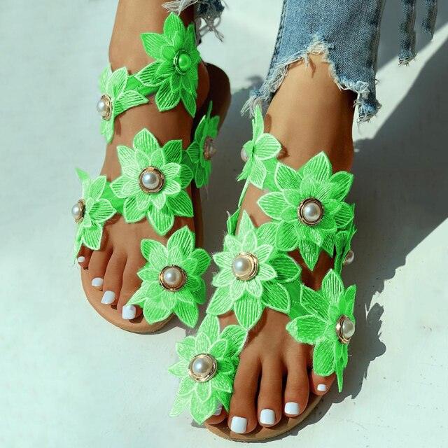 Floral Lace Flat Sandals - Women's Pearl Flower Slip-On Beach Sandals | 3 Colors