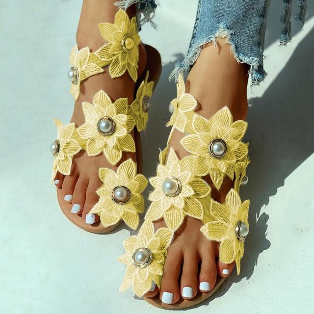 Floral Lace Flat Sandals - Women's Pearl Flower Slip-On Beach Sandals | 3 Colors
