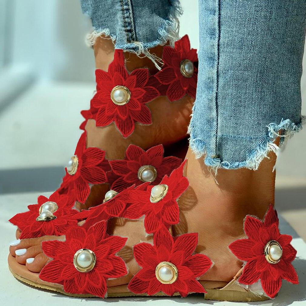 Floral Lace Flat Sandals - Women's Pearl Flower Slip-On Beach Sandals | 3 Colors