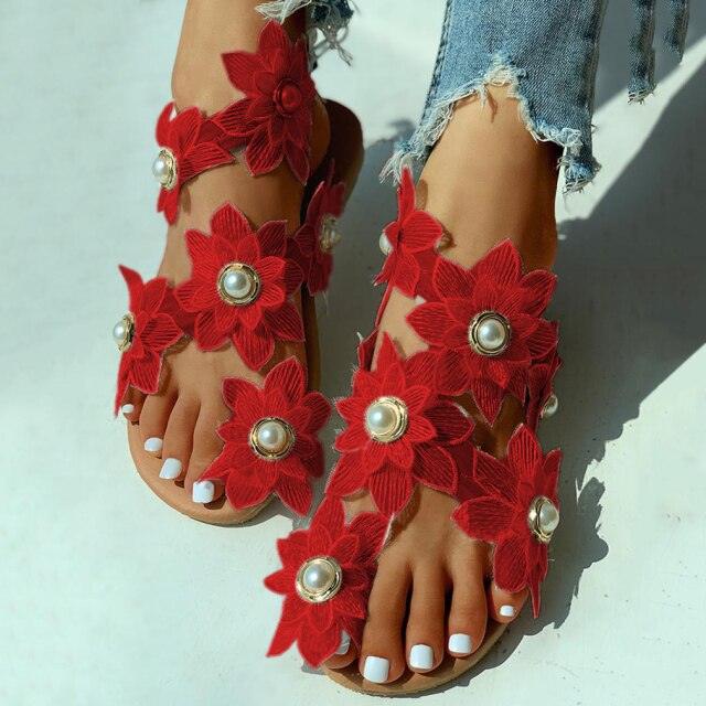 Floral Lace Flat Sandals - Women's Pearl Flower Slip-On Beach Sandals | 3 Colors