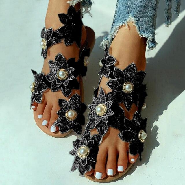 Floral Lace Flat Sandals - Women's Pearl Flower Slip-On Beach Sandals | 3 Colors