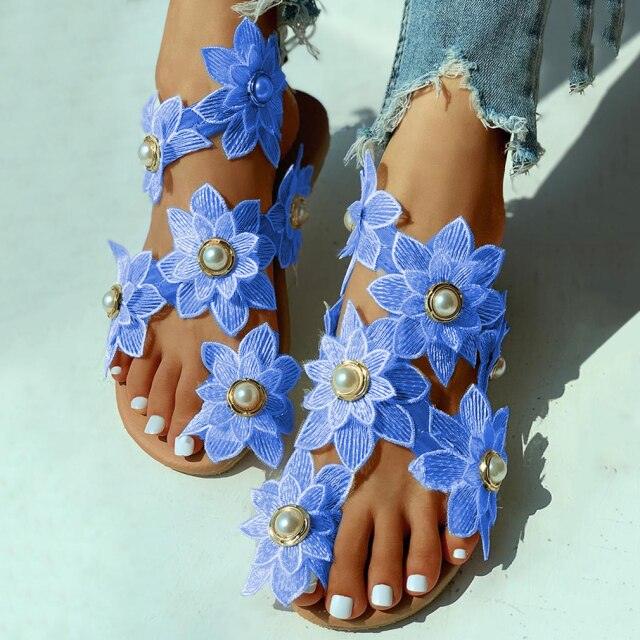 Floral Lace Flat Sandals - Women's Pearl Flower Slip-On Beach Sandals | 3 Colors