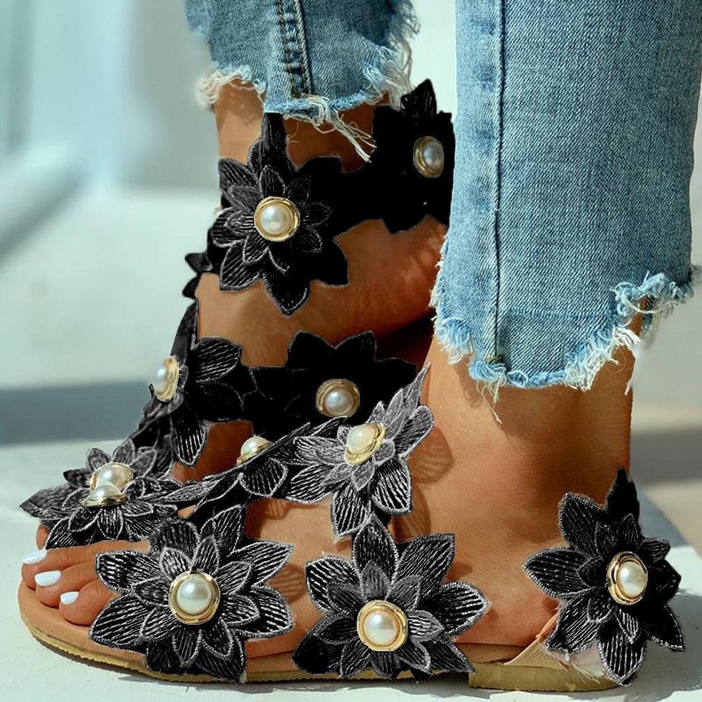 Floral Lace Flat Sandals - Women's Pearl Flower Slip-On Beach Sandals | 3 Colors