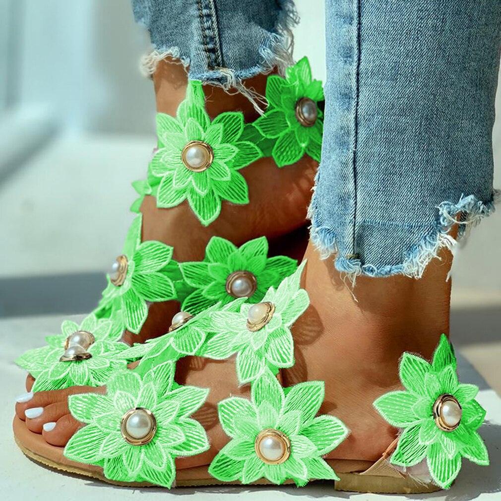 Floral Lace Flat Sandals - Women's Pearl Flower Slip-On Beach Sandals | 3 Colors