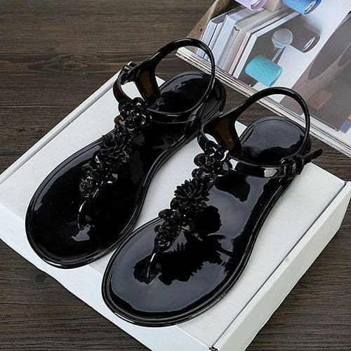 Flower T-Strap Flat Thong Sandals ✨🌸👡 Women's Non-Slip Beach Flip Flops | 3 Colors 🖤🤍🪩