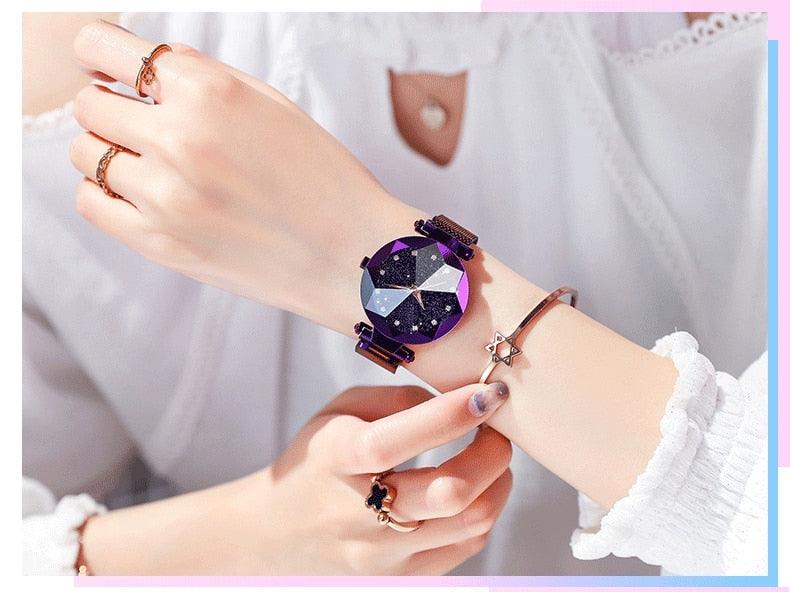 Women's Starry Sky Luxury Watch ⌚✨ Diamond Dial Luminous Quartz | Stainless Steel Mesh | 11 Colors 💜💙🖤