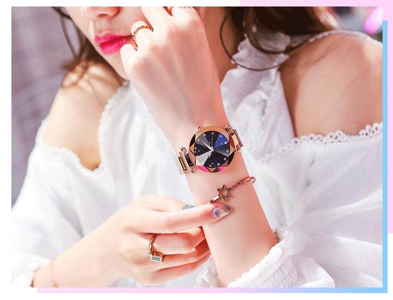 Women's Starry Sky Luxury Watch ⌚✨ Diamond Dial Luminous Quartz | Stainless Steel Mesh | 11 Colors 💜💙🖤