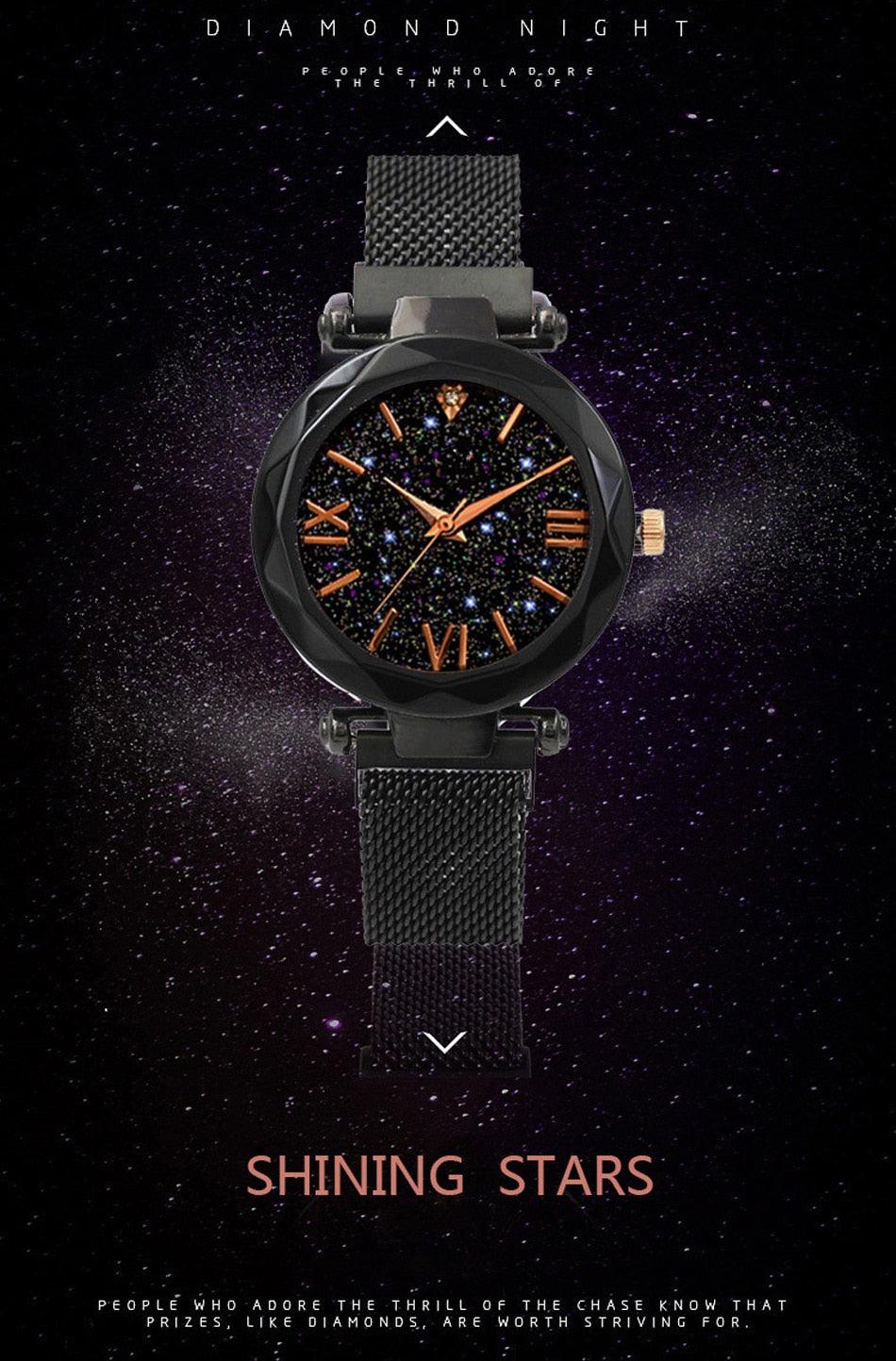 Women's Starry Sky Diamond Quartz Watch ⌚✨ Magnet Buckle Mesh Band | Gold, Purple, Black & Blue 💜💙🖤