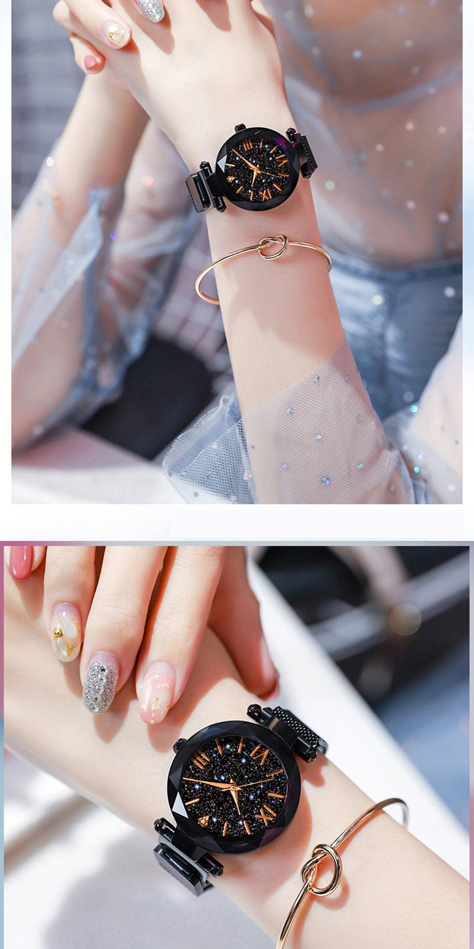 Women's Starry Sky Diamond Quartz Watch ⌚✨ Magnet Buckle Mesh Band | Gold, Purple, Black & Blue 💜💙🖤