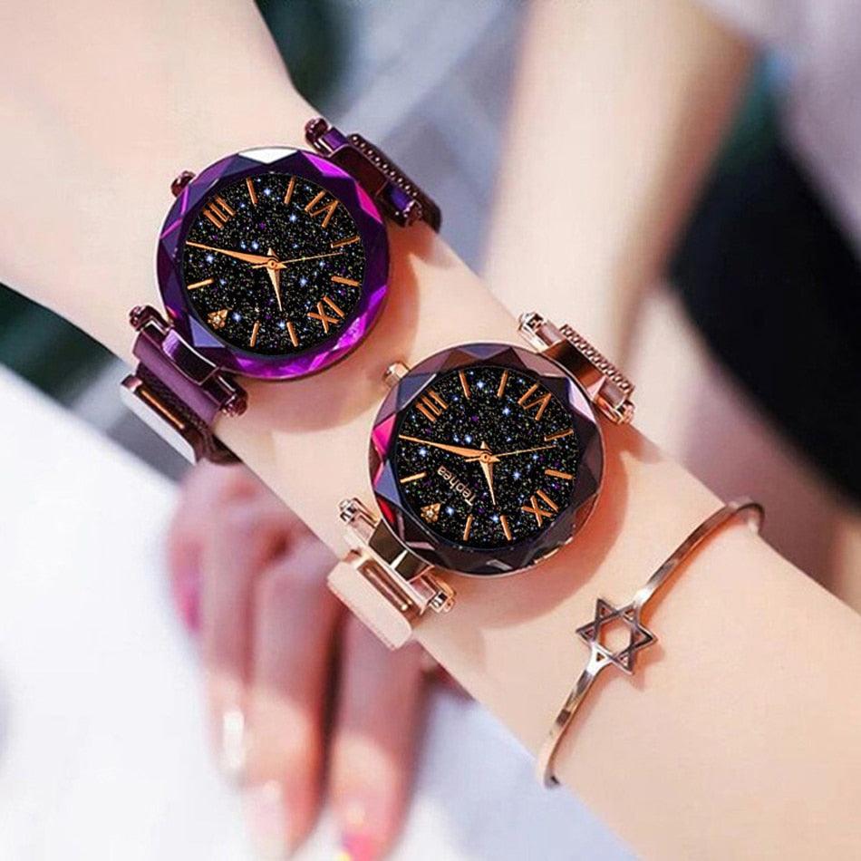 Women's Starry Sky Diamond Quartz Watch ⌚✨ Magnet Buckle Mesh Band | Gold, Purple, Black & Blue 💜💙🖤