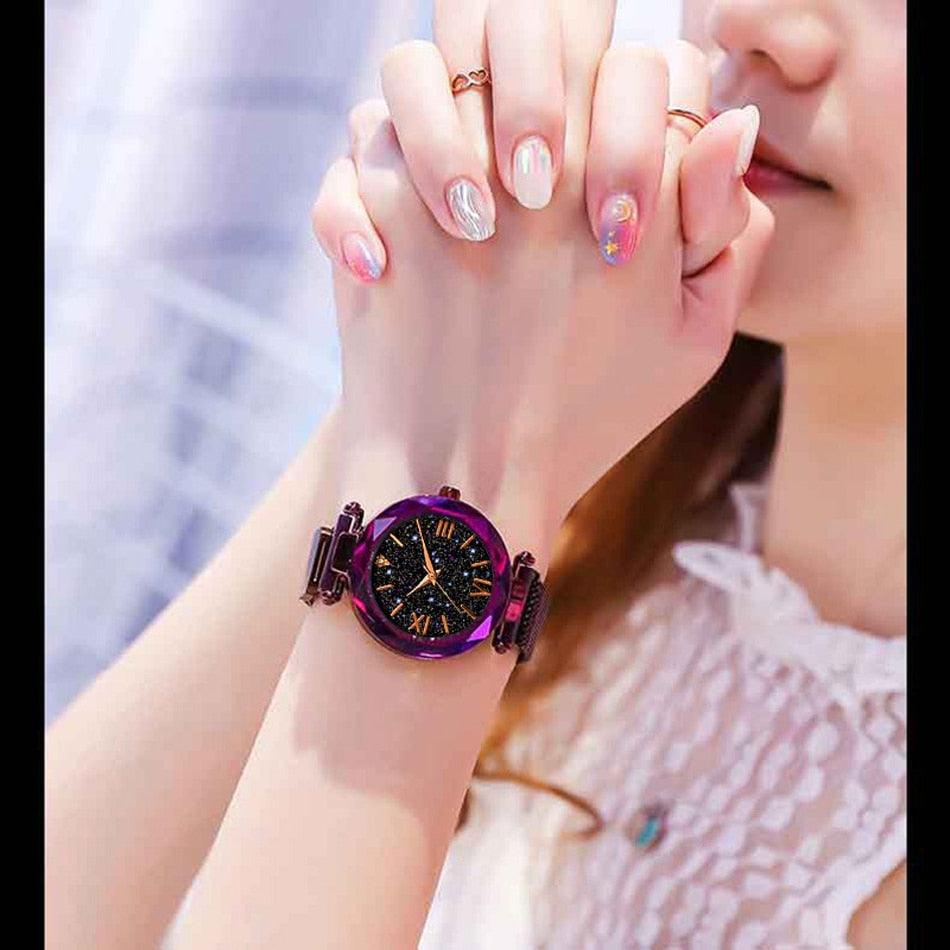 Women's Starry Sky Diamond Quartz Watch ⌚✨ Magnet Buckle Mesh Band | Gold, Purple, Black & Blue 💜💙🖤