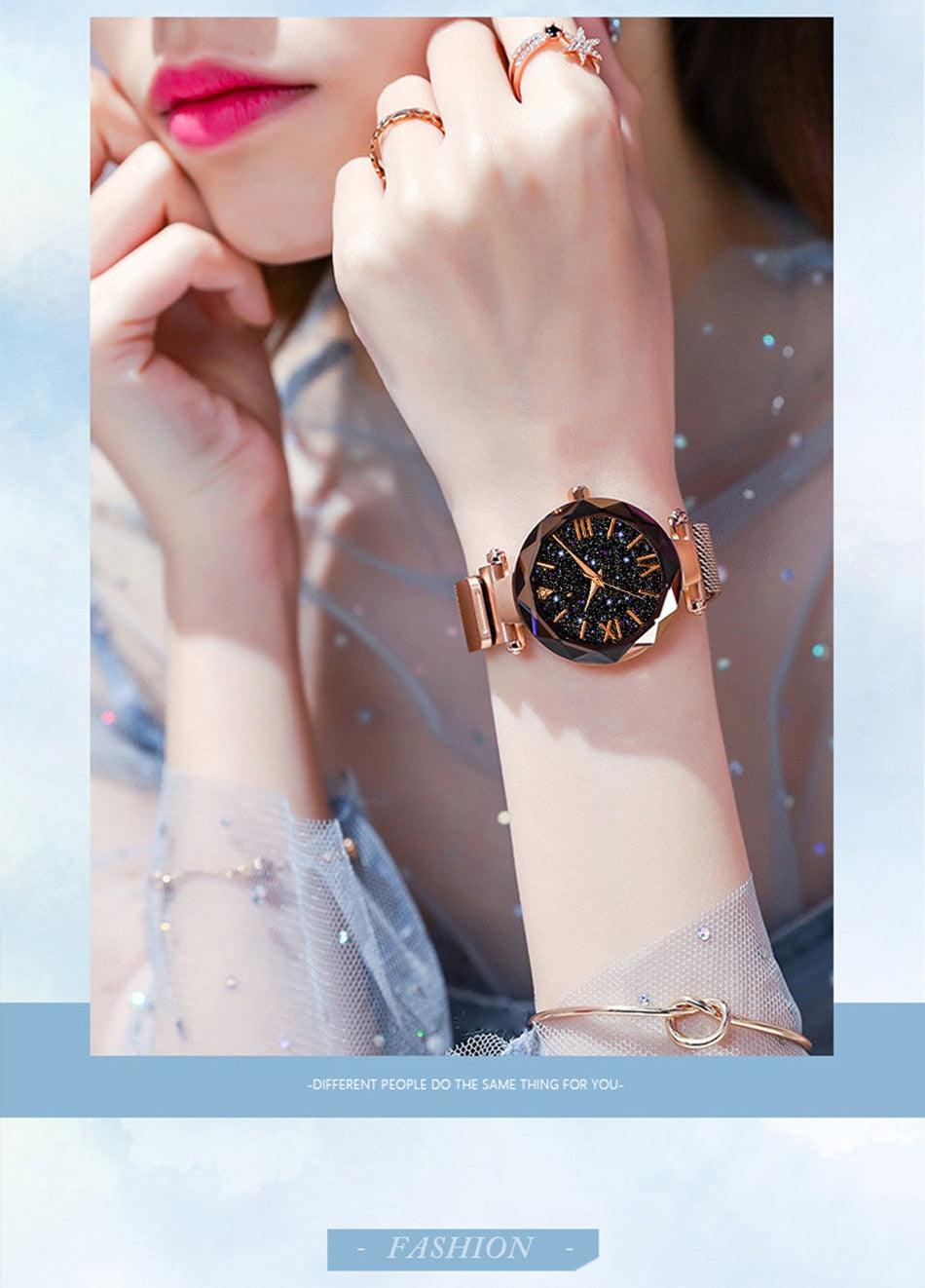 Women's Starry Sky Diamond Quartz Watch ⌚✨ Magnet Buckle Mesh Band | Gold, Purple, Black & Blue 💜💙🖤