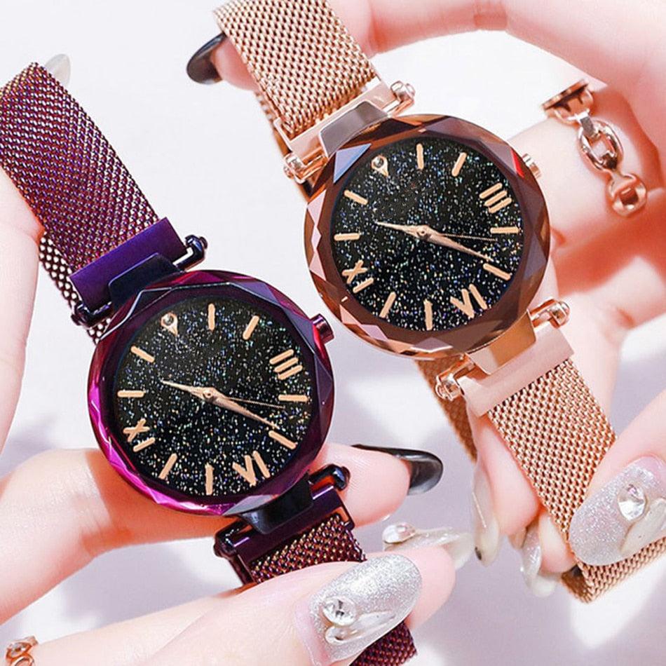 Women's Starry Sky Diamond Quartz Watch ⌚✨ Magnet Buckle Mesh Band | Gold, Purple, Black & Blue 💜💙🖤