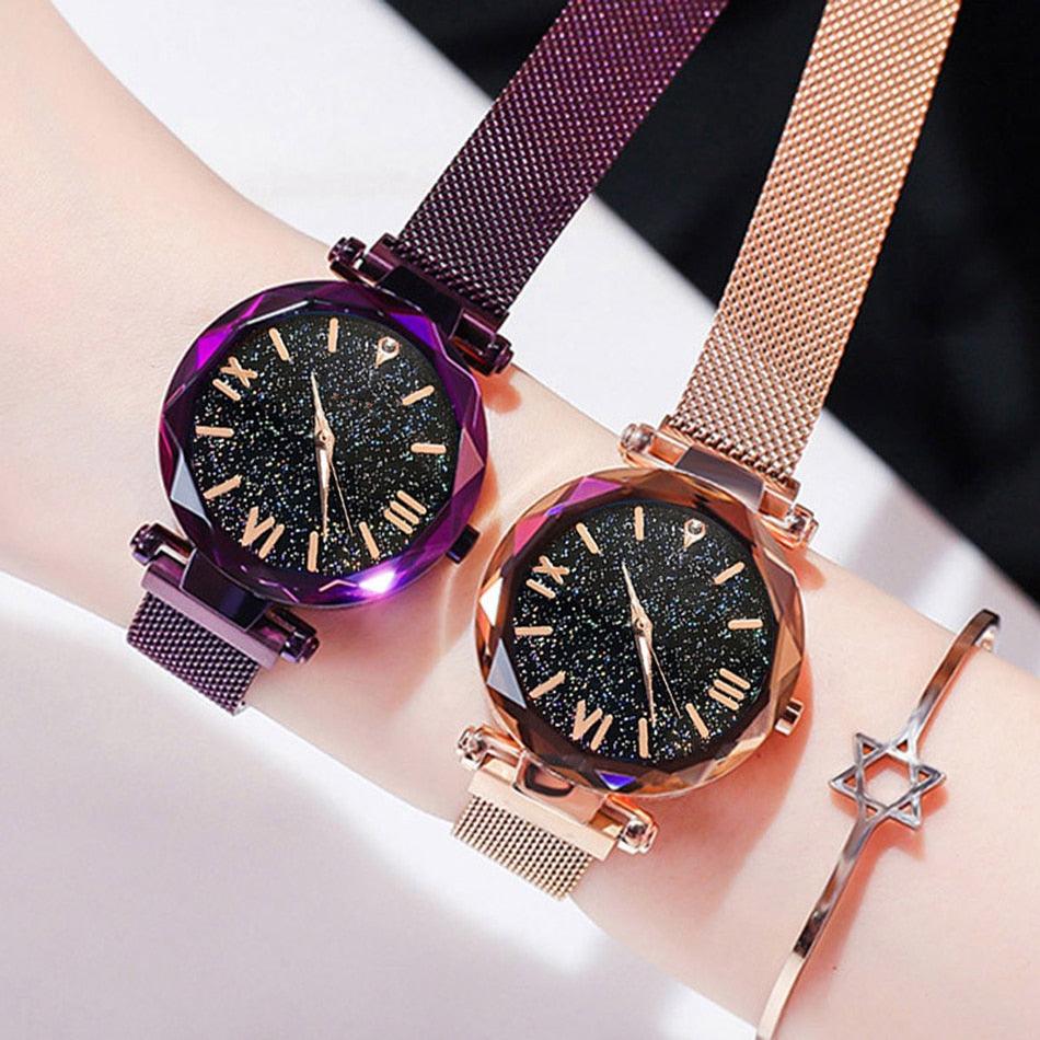 Women's Starry Sky Diamond Quartz Watch ⌚✨ Magnet Buckle Mesh Band | Gold, Purple, Black & Blue 💜💙🖤