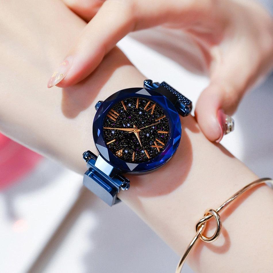 Women's Starry Sky Diamond Quartz Watch ⌚✨ Magnet Buckle Mesh Band | Gold, Purple, Black & Blue 💜💙🖤
