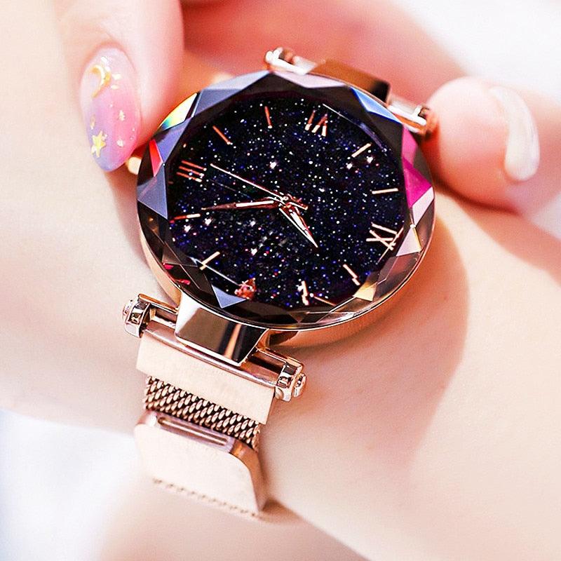 Women's Starry Sky Diamond Quartz Watch ⌚✨ Magnet Buckle Mesh Band | Gold, Purple, Black & Blue 💜💙🖤