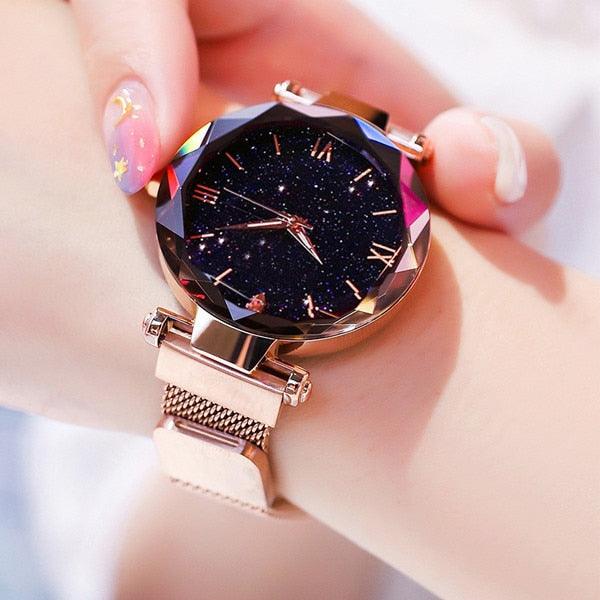 Women's Starry Sky Diamond Quartz Watch ⌚✨ Magnet Buckle Mesh Band | Gold, Purple, Black & Blue 💜💙🖤